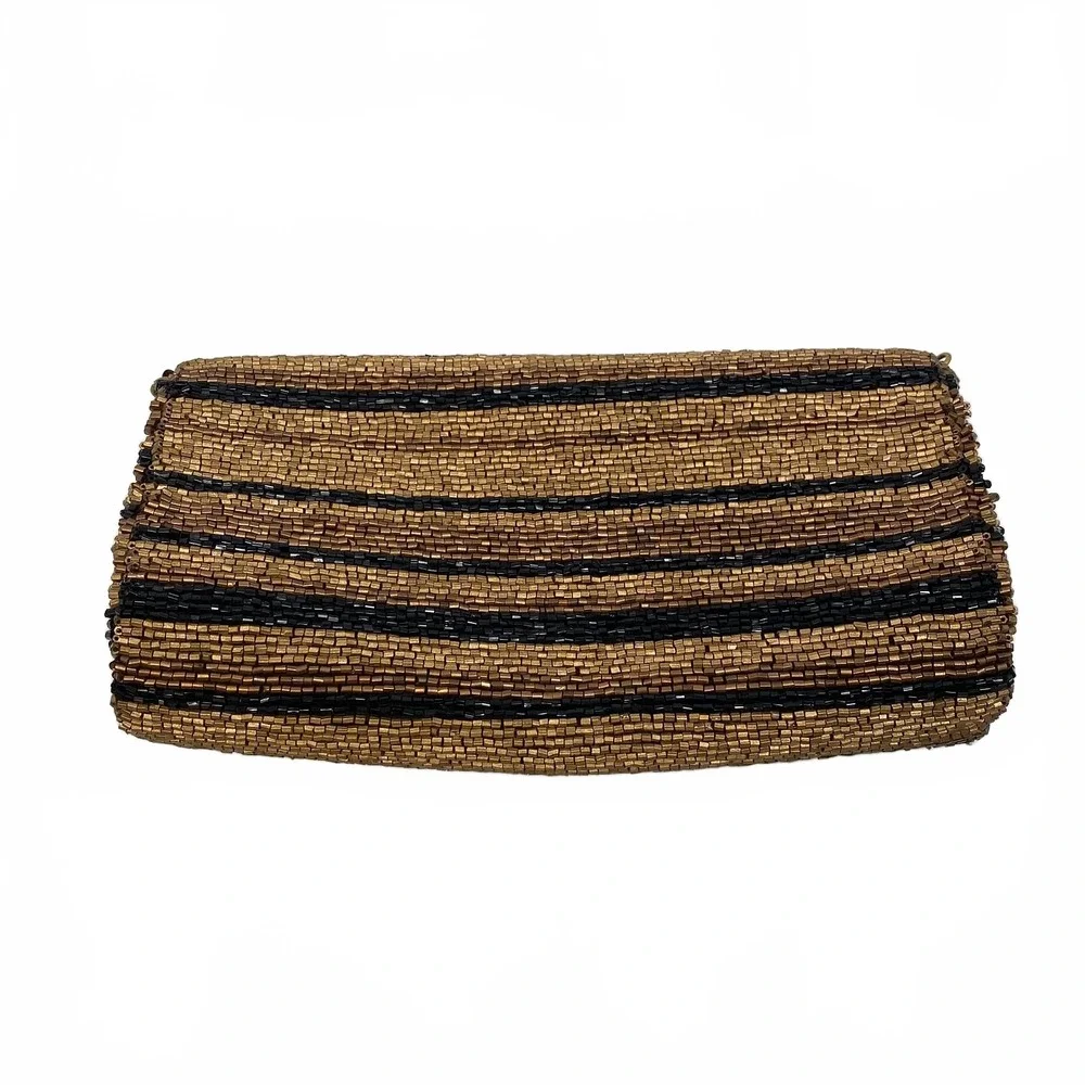 Moyna Brown Silk Beaded Striped Clutch | OS Regular